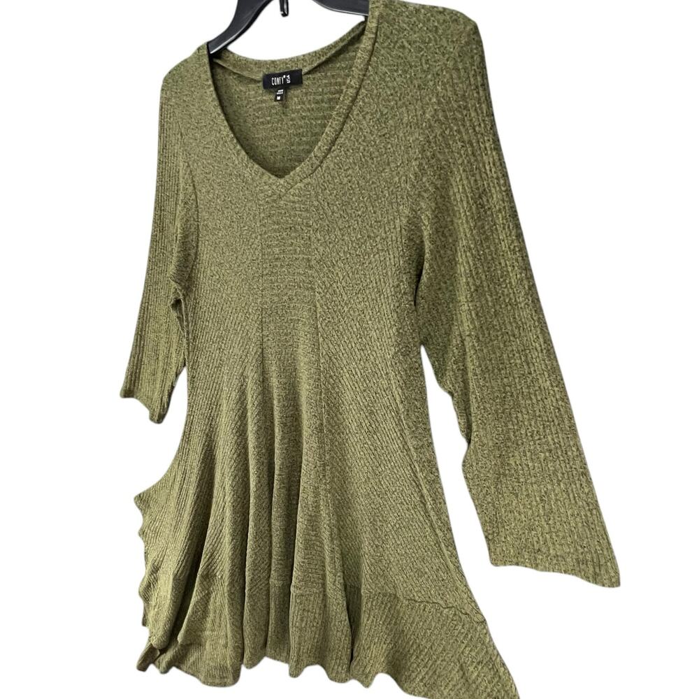 Comfy USA Tunic Top Womens Size M Olive‎ Green Asymmetric Stretch Knit Lagenlook - Picture 2 of 11